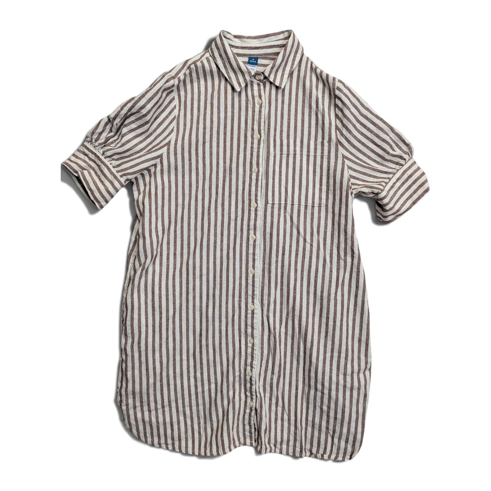 Old Navy Womens Shirt Dress M Petite Linen Blend Striped Brown White